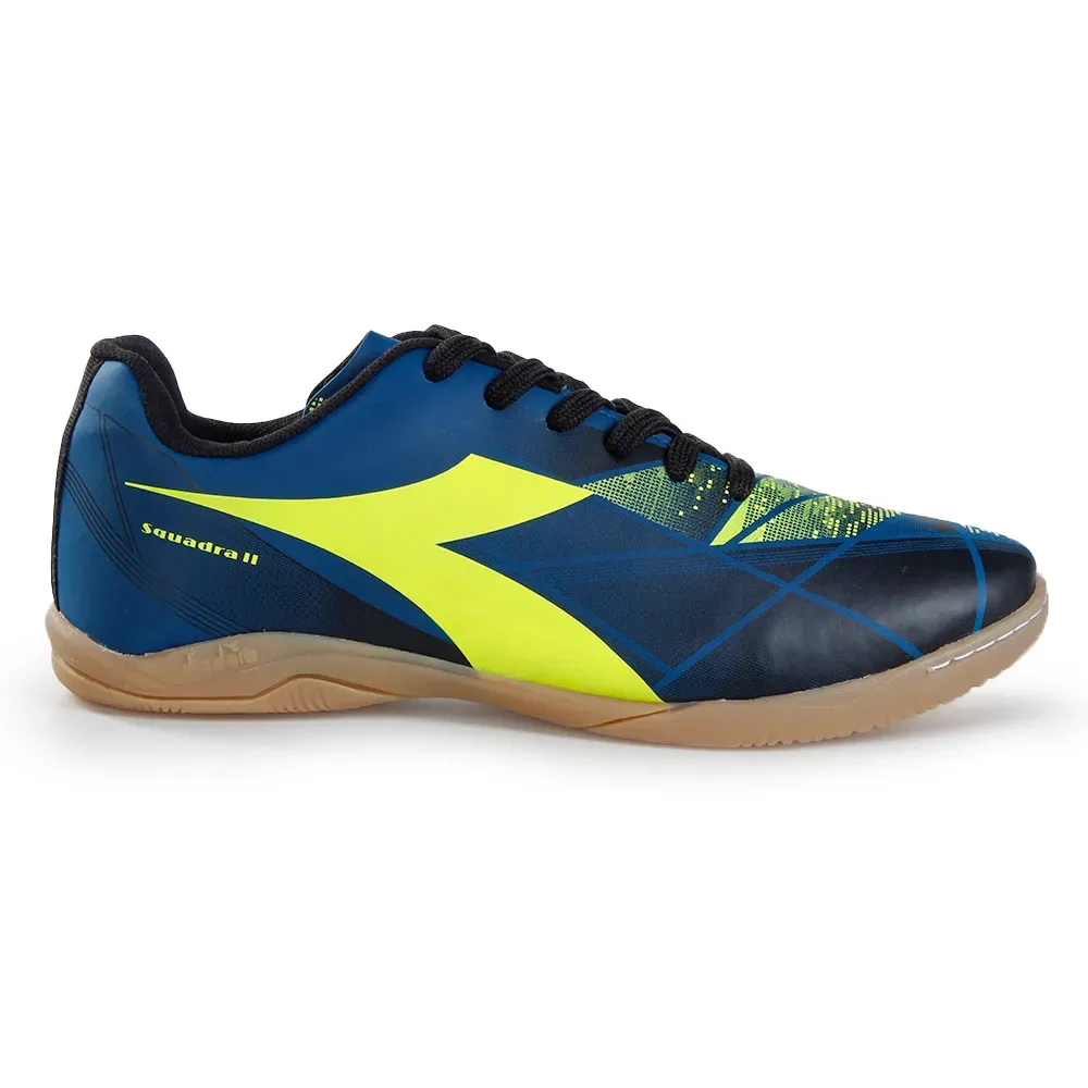Vista lateral direita da chuteira futsal Diadora Squadra II masculina azul com logo amarelo neon
